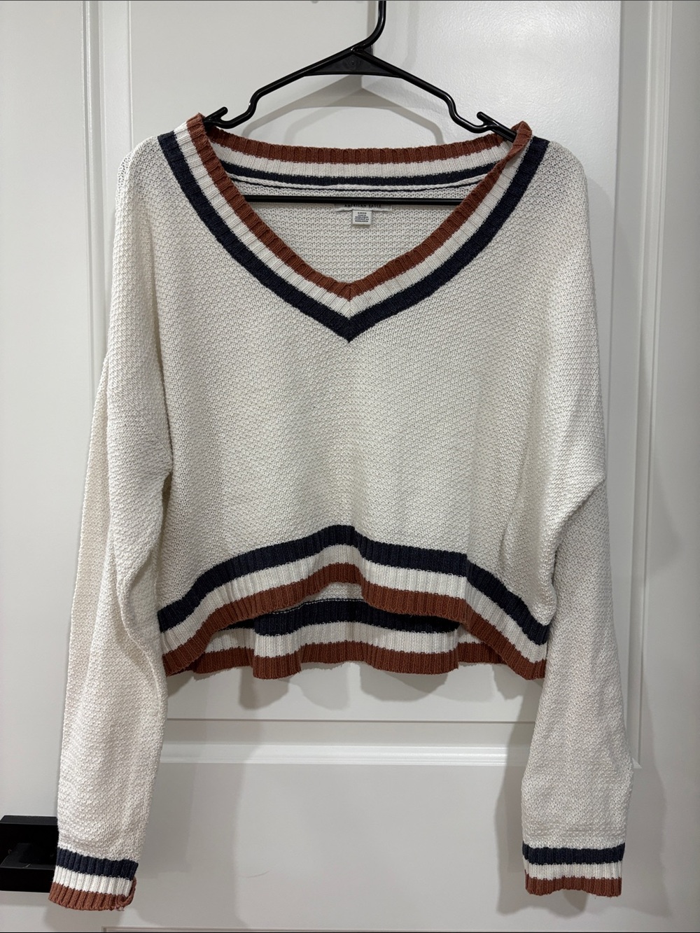 American Eagle Outfitters Cream V-Neck Sweater with Navy and Brown Stripes